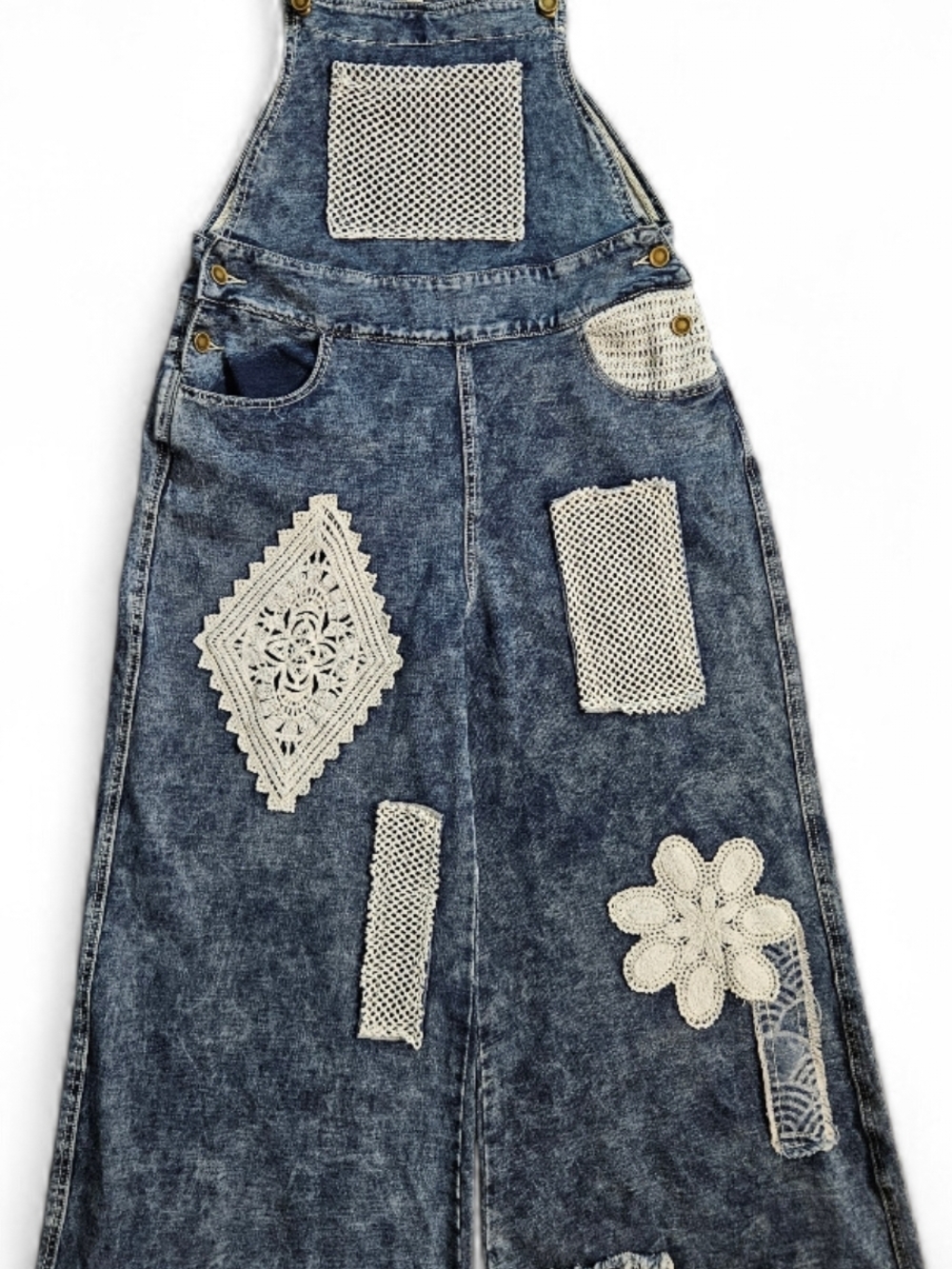 POL Crochet Patchwork Denim Overalls Wide Leg Boho Size Small